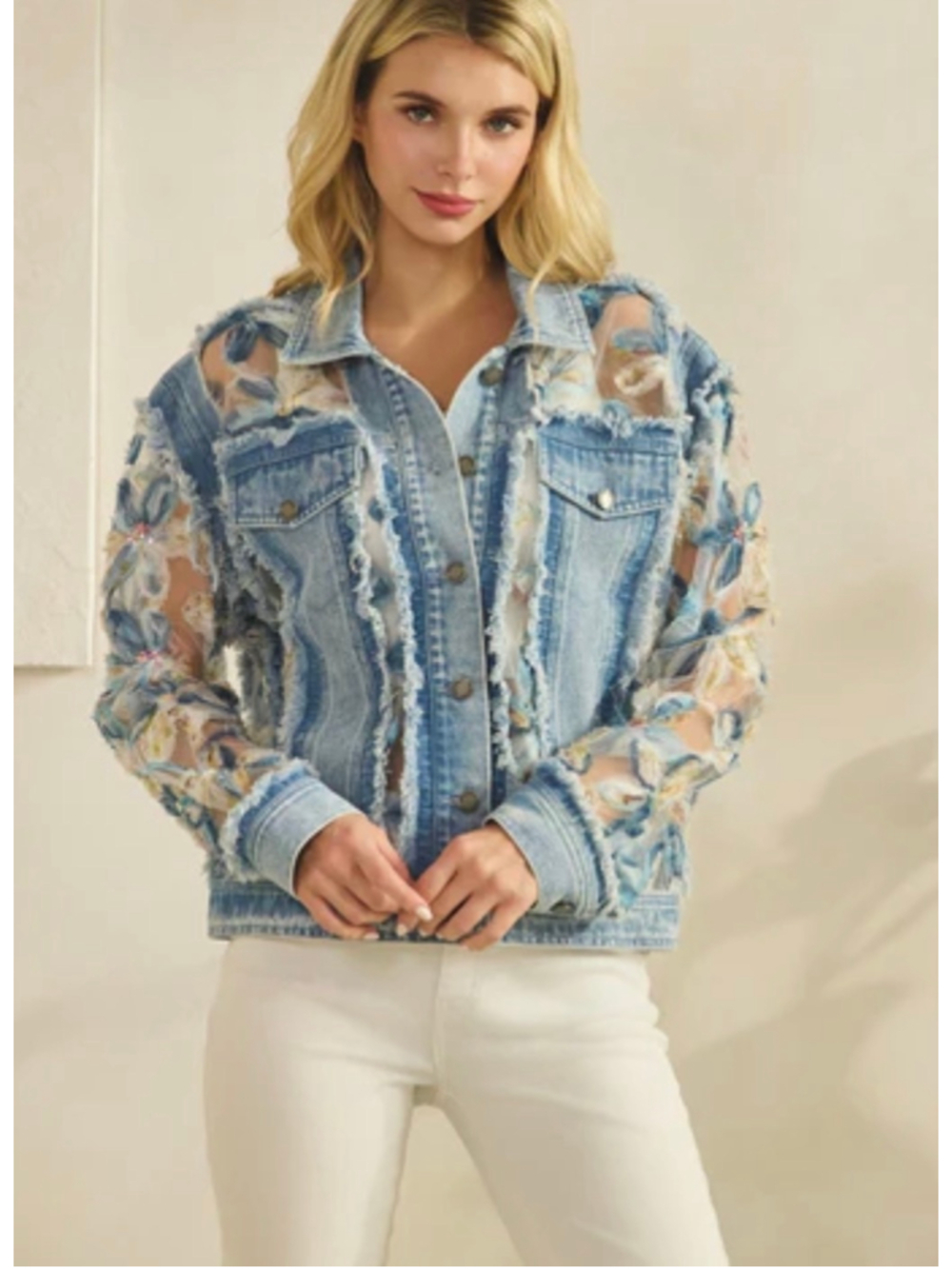 Women's Ververet Floral Mesh Jean Jacket Size M Blue White